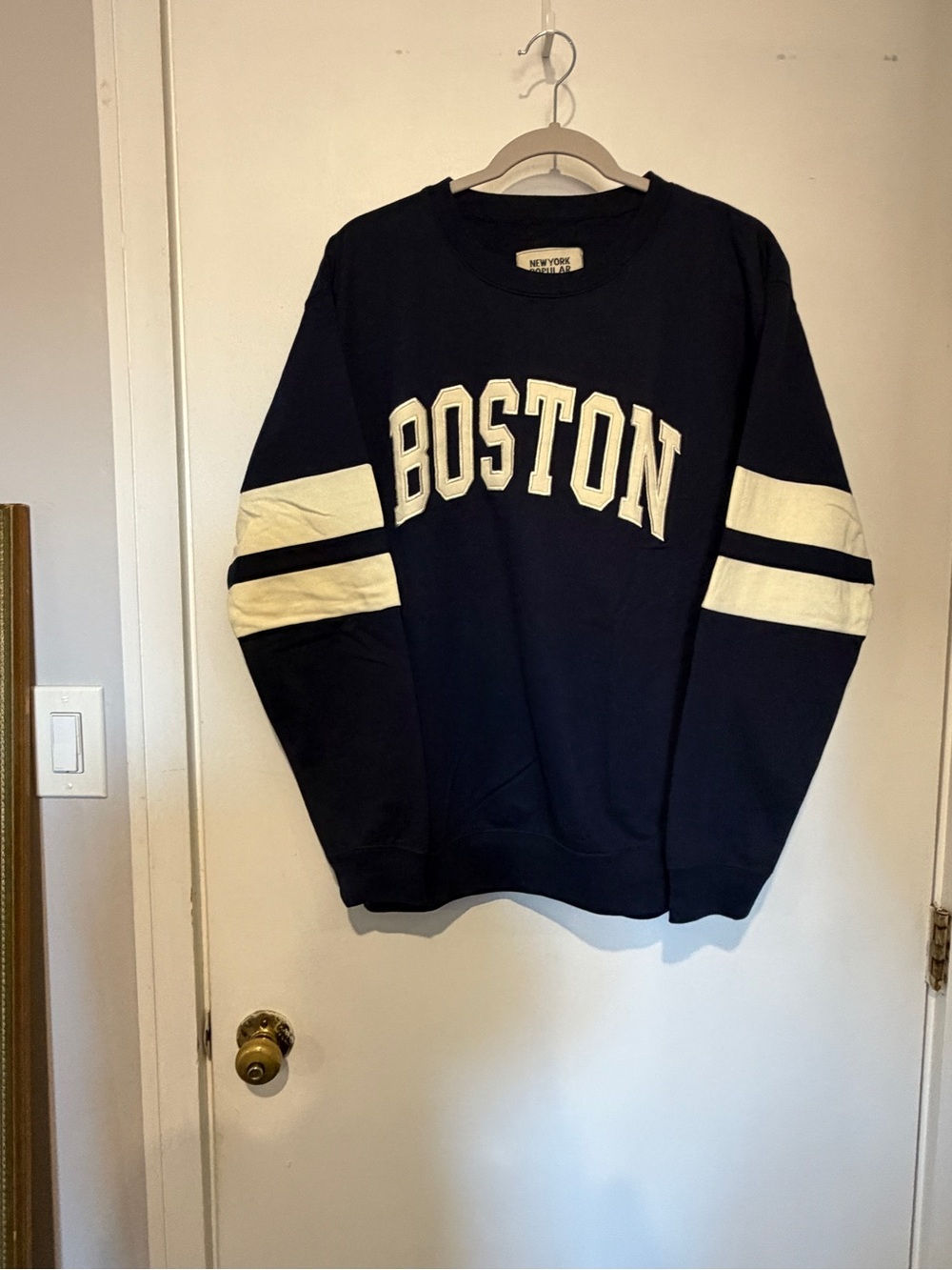 Boston Crewneck Sweater in Navy with Cream Stripes